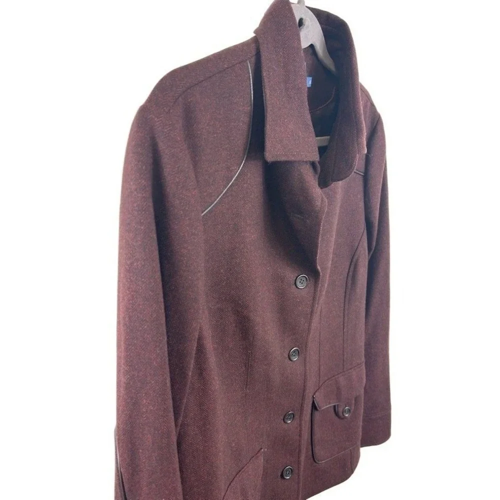 Faconnable Blazer‎ Men's XL Burgundy Wool Blend Jacket Leather Trim Button Front